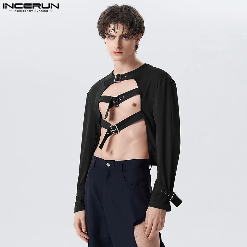 

INCERUN Tops 2023 Sexy Stylish Men's Truncated Design Shirts Solid Comfortable Leisure Party Shows Hot Selling Male Blouse S-5XL