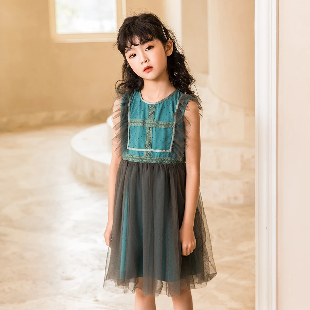 

4 To 14 Years Kids and Teen Girls Mesh Princess Dress 2022 Summer Cute Dot Children Clothing Green Retro, #6832