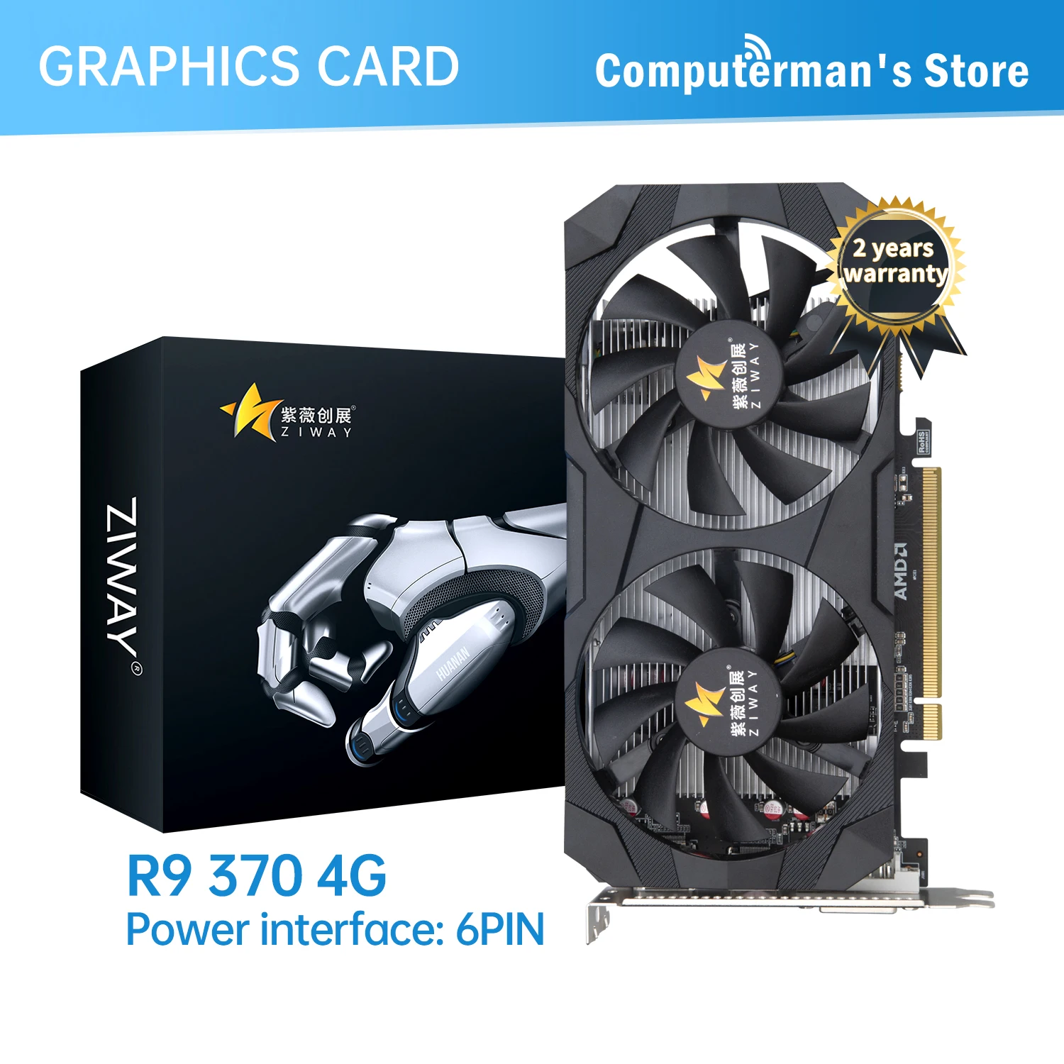Видеокарта ZIWAY R9 370 4G 256Bit GDDR5 HDMI-совместимая с DP DVI GPU R9370 4G видеокарта