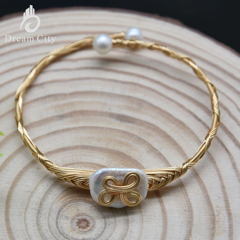 

Dream City Handmade 14K Gold Pure Natural Baroque Freshwater Pearl Bracelet Ladies Fashion Retro Fine Wedding Party Gift MB007