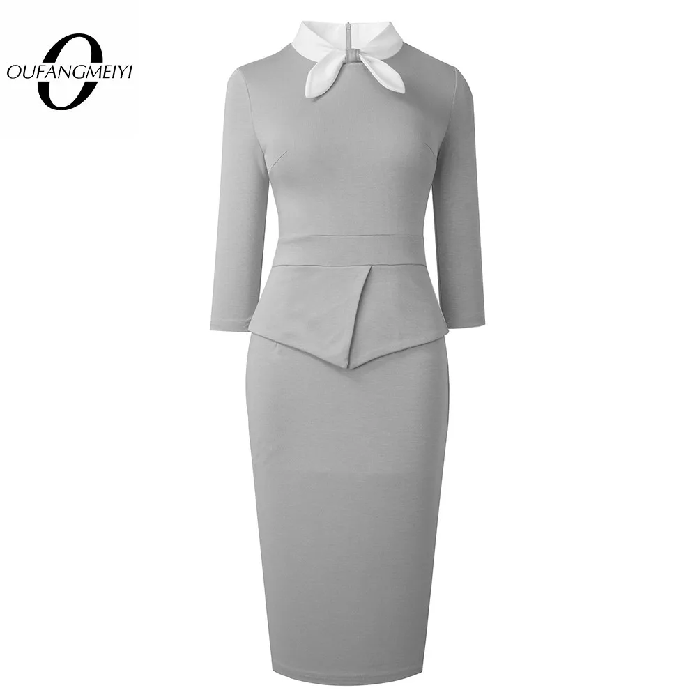 

Autumn Women Fashion Solid Gray Color Dresses with Bow Business Work Elegant Sheath Slim Dress EB817