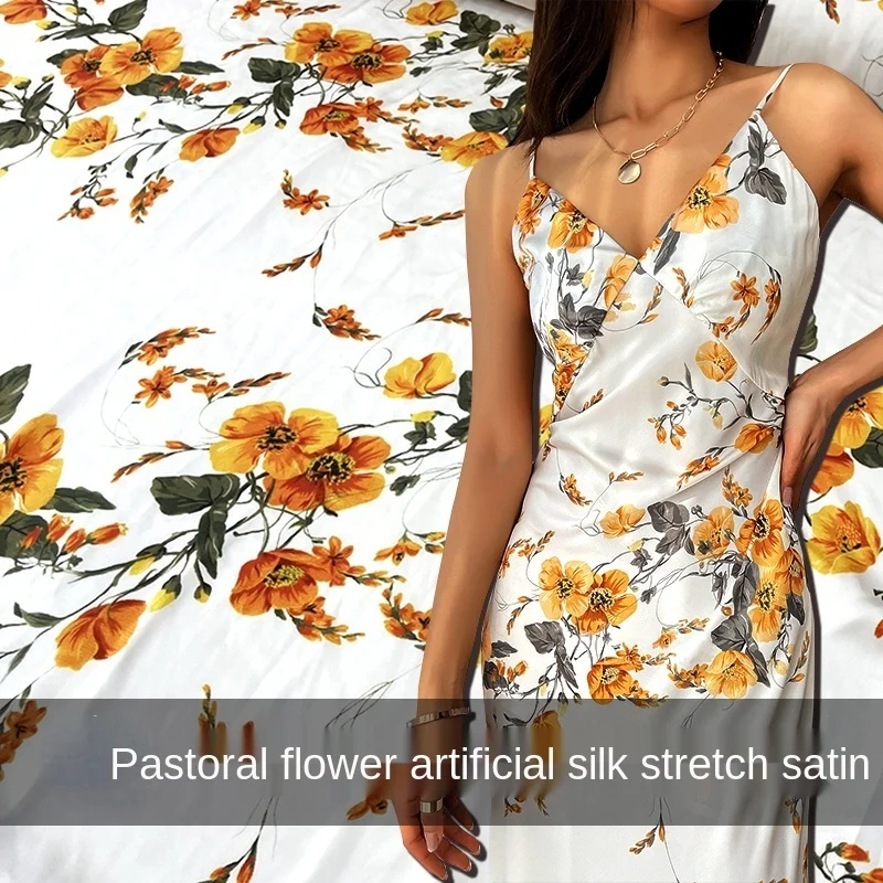 

Plant Printed Polyester Stretch Satin Fabric Soft DIY Clothing Lining Pajamas Plain Fabric Cloth for Dress by the Meter