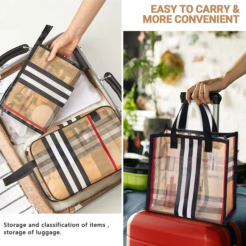 3 Pack Makeup Bag, Travel Cosmetic Bag with Zipper Handle Waterproof Striped Transparent Toiletry Bag Portable Organizer Cases S