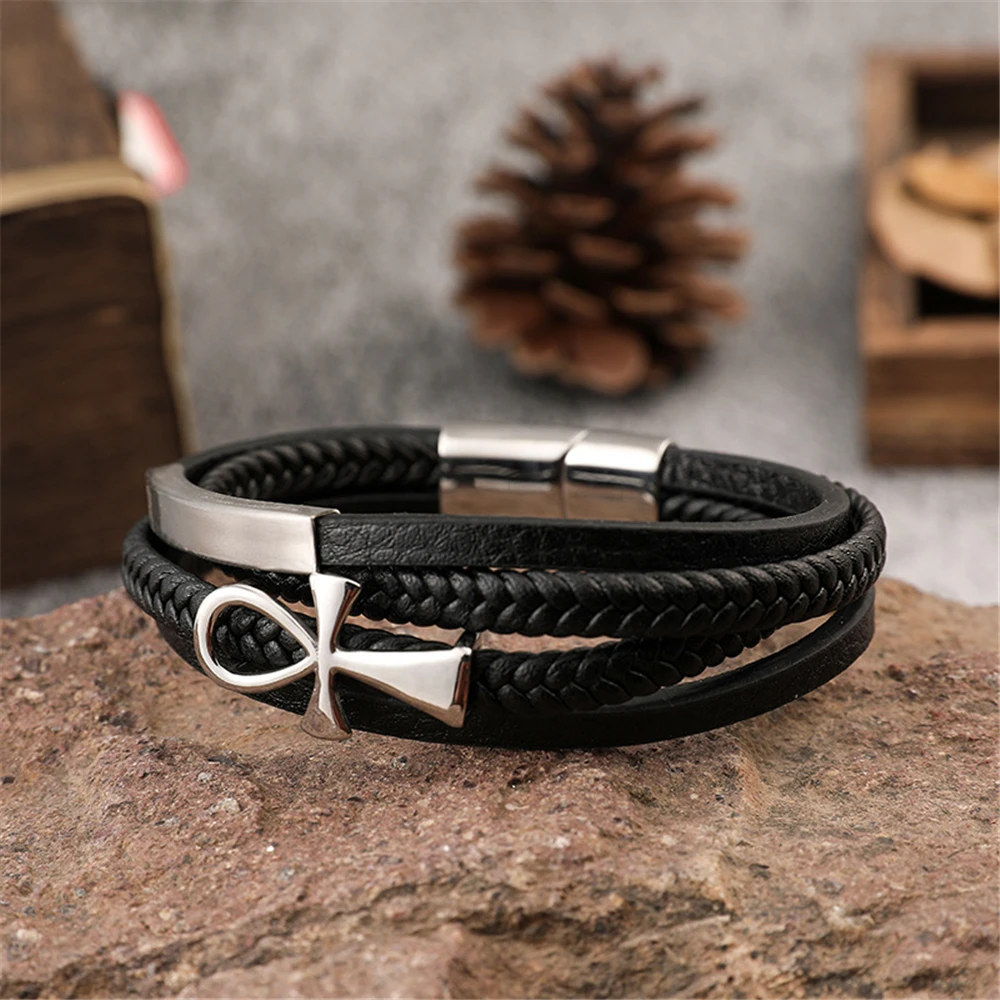 Мужской Многослойный кожаный браслет на запястье из нержавеющей стали |