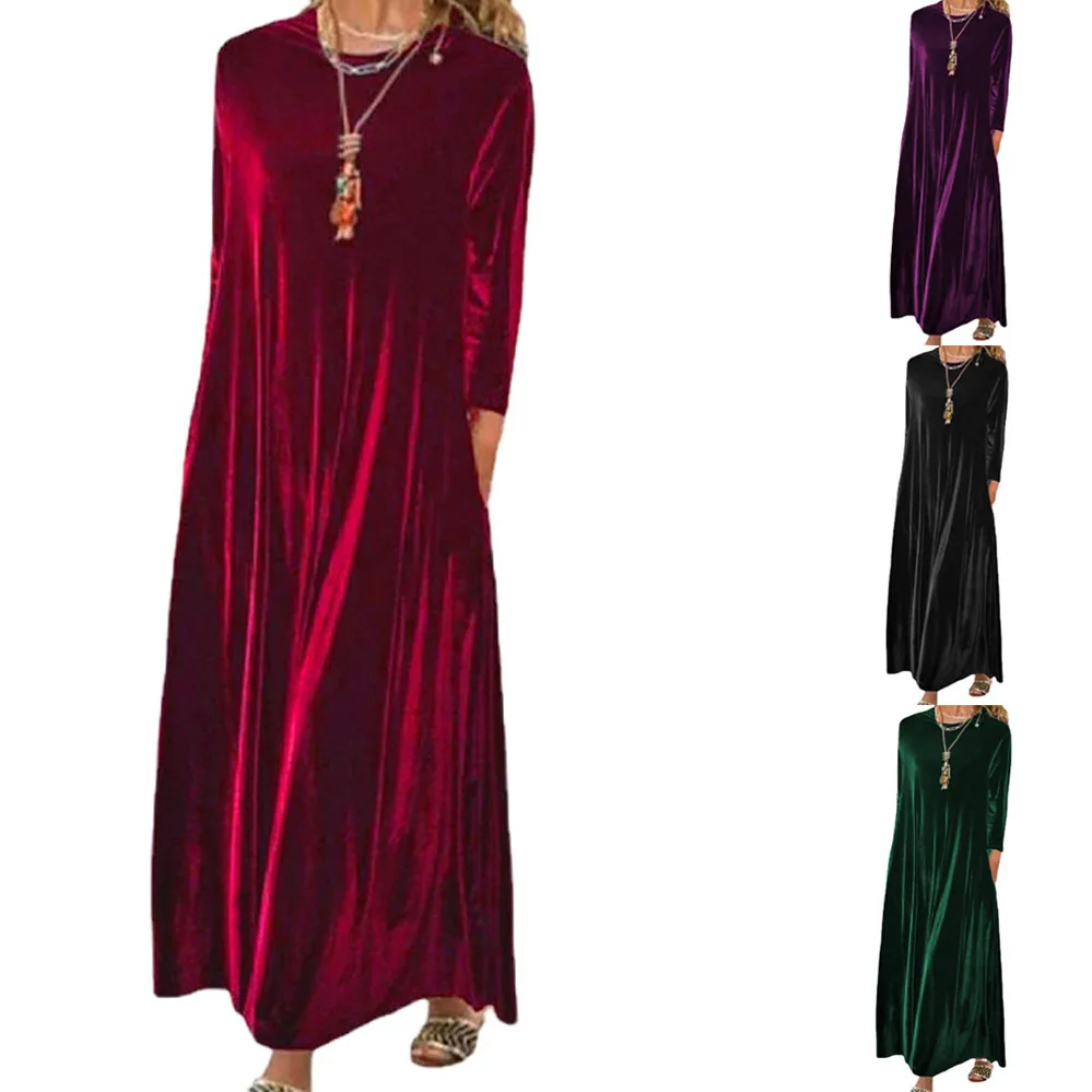 

Женское бархатное платье-макси с длинным рукавом, красное однотонное Повседневное платье средней длины с бархатной подкладкой, весна-осень-зима 2023