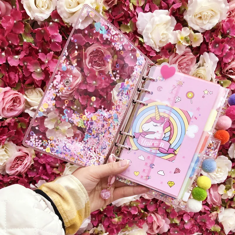 

Pink Sequin Petal Transparent Unicorn Girl Heart Ledger Creative Portable Diary Sticker Ledger Kawaii School Notepad Travel Gift