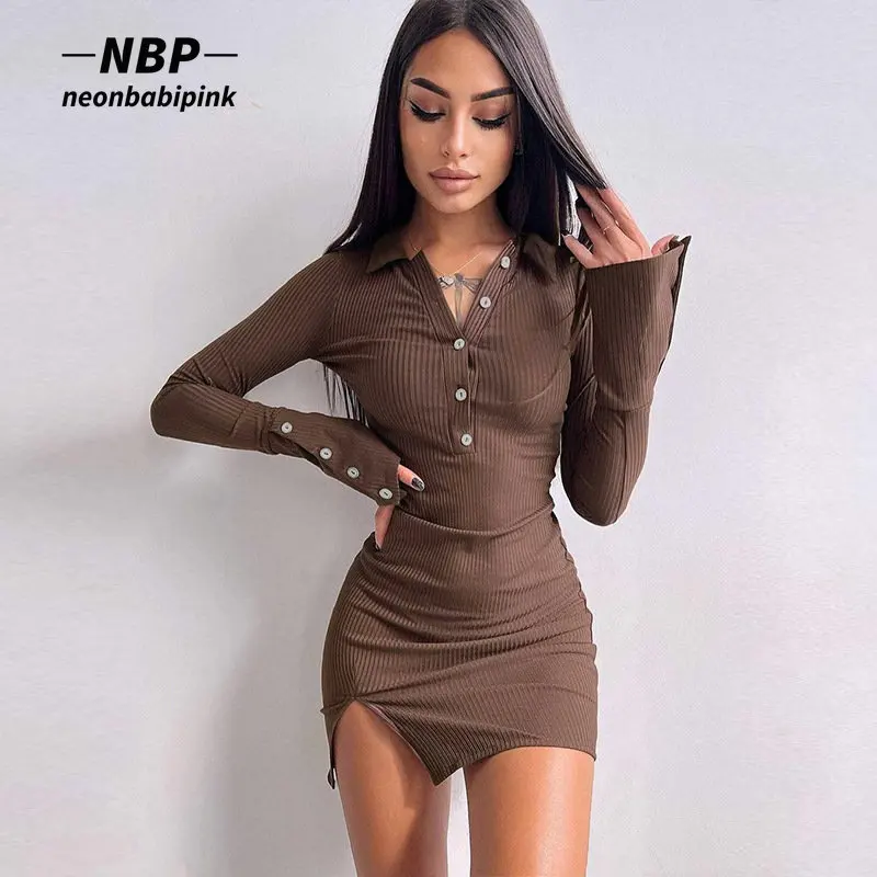 

NEONBABIPINK Button Long Sleeve Mini Dresses for Women 2022 Fall Winter Clothes Casual Knitted Slit Bodycon Dress N70-DZ32