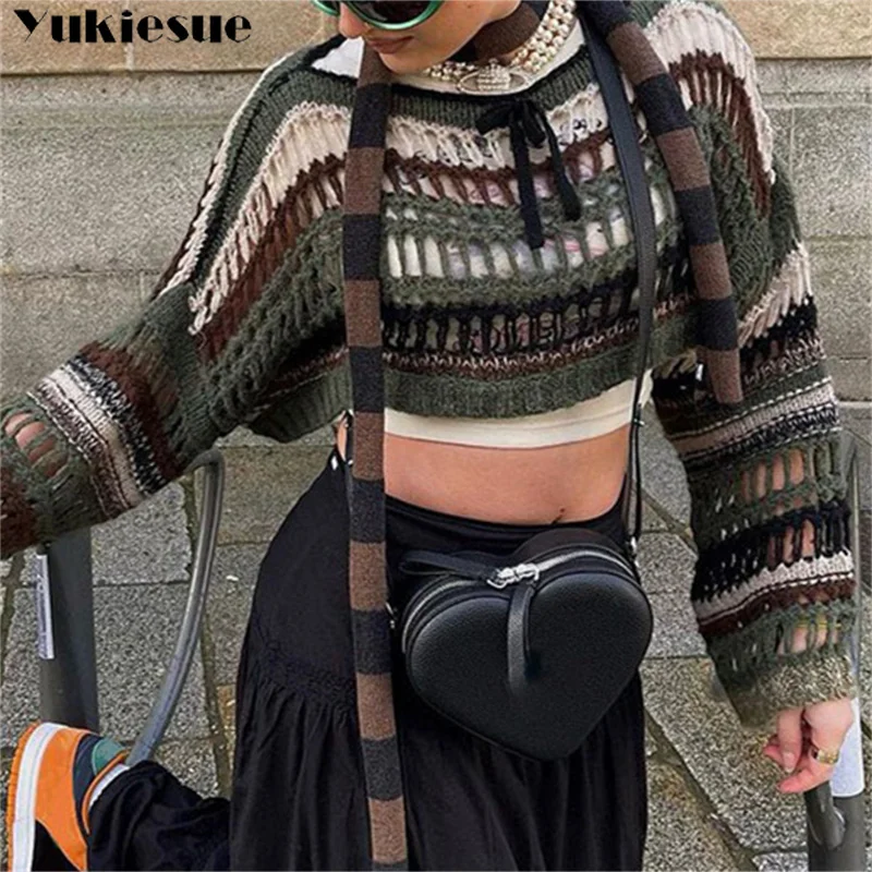

2023 Spring Summer Y2K Fashion Versatile Patchwork Stripe Smock Short T-Shirts Women Hollow Out Loose Pullover Knit Crop Tops