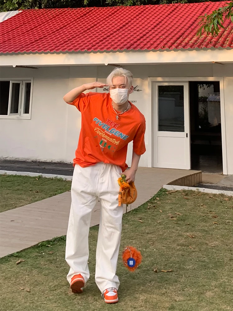 Fashion Men's White Jeans Adjustable Waist Design Men's Pants Loose Jeans Korean Fashion Streetwear Brand Jeans Jeans Aestethic