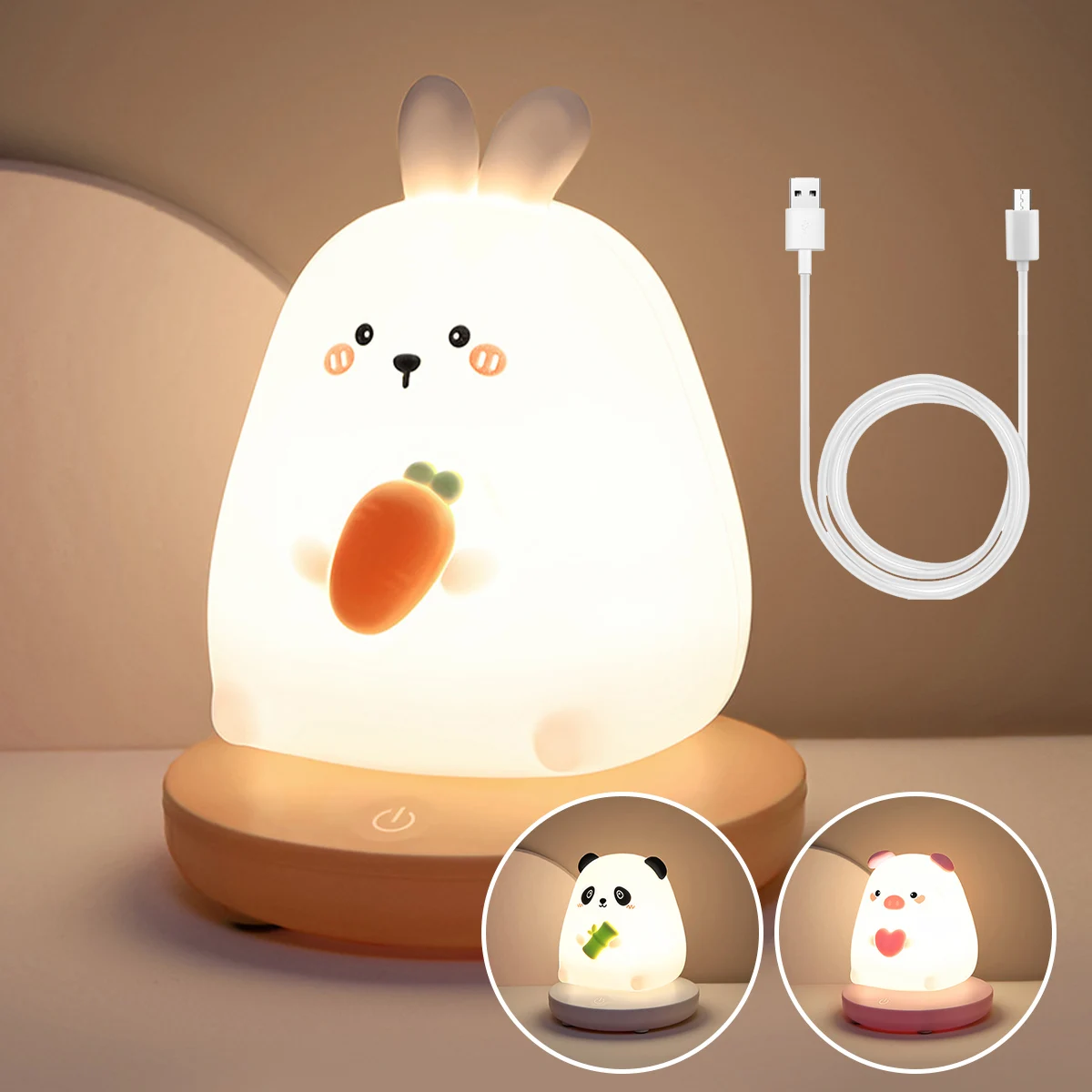 

Ночник в виде животного, милая свинья, кролик, медведь, светодиодный сенсорный светильник с управлением касанием, фонасветильник, USB, силико...
