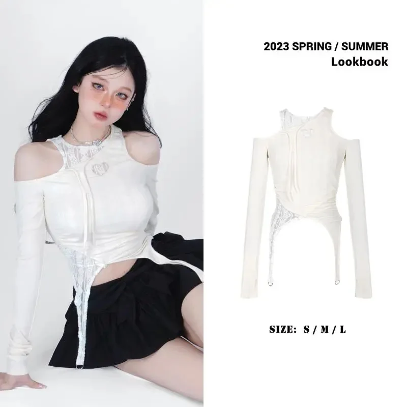 

Lace Y2K Top Women Fake Two Pieces Long Sleeved T-shirt Slim Asymmetric Hollowing Strapless Bareback Sexy Tshirt Women Clothes
