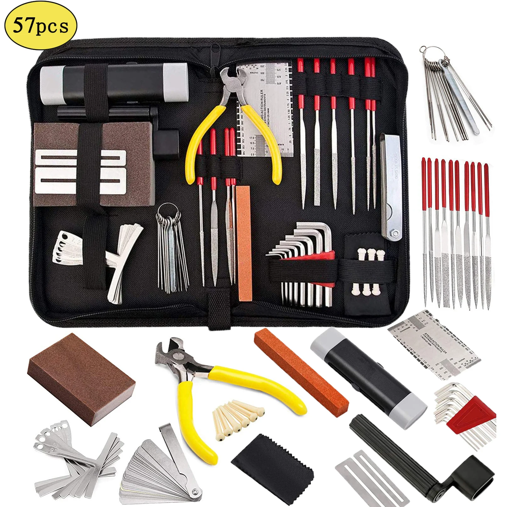57 PCS Guitar Repair Maintenance Tools Kit with Carry Bag String Action Ruler Luthier File Bridge Pins for Ukulele Bass |