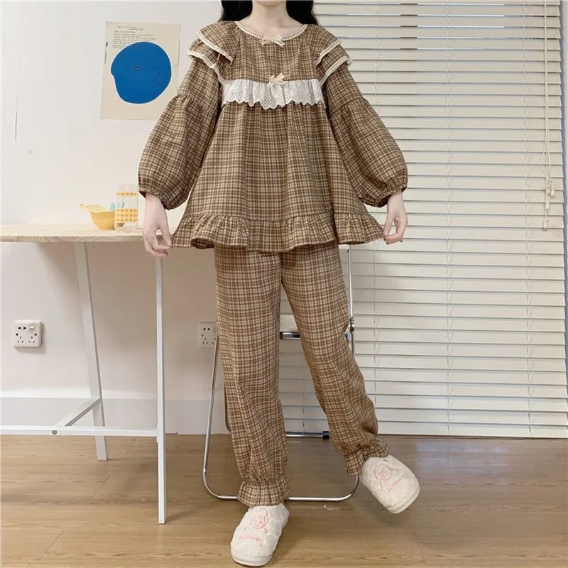 QWEEK Women's Home Suits Spring Autumn Female Set Pajamas Kawaii Lace Bow Ruffles Pijamas Sleepwear Roomware Nightie Pyjamas