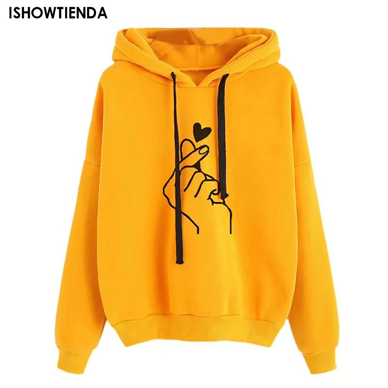 

Women's Harajuku Hoodies Casual Kpop Finger Heart Love Print Hooded Sweatshirts Autumn Long Sleeve Ladies Pullovers Plus Size