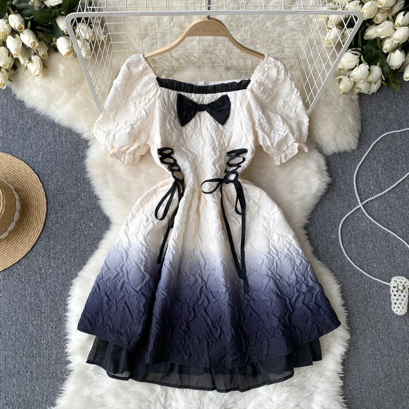 

Женское Короткое платье-трапеция, винтажное платье с квадратным вырезом, высокой талией и коротким рукавом, расширяющееся книзу, в стиле принцессы, модель J910 на лето