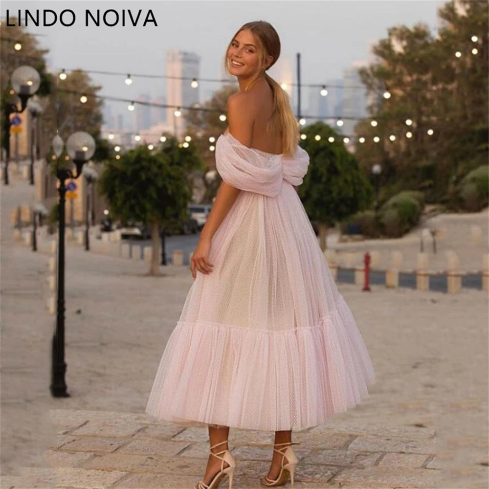 

Blush Pink Off the Shoulder Dot Tulle Short Wedding Dress A Line Sweetheart Elegant Tea Length Bride Gown Party Dresses
