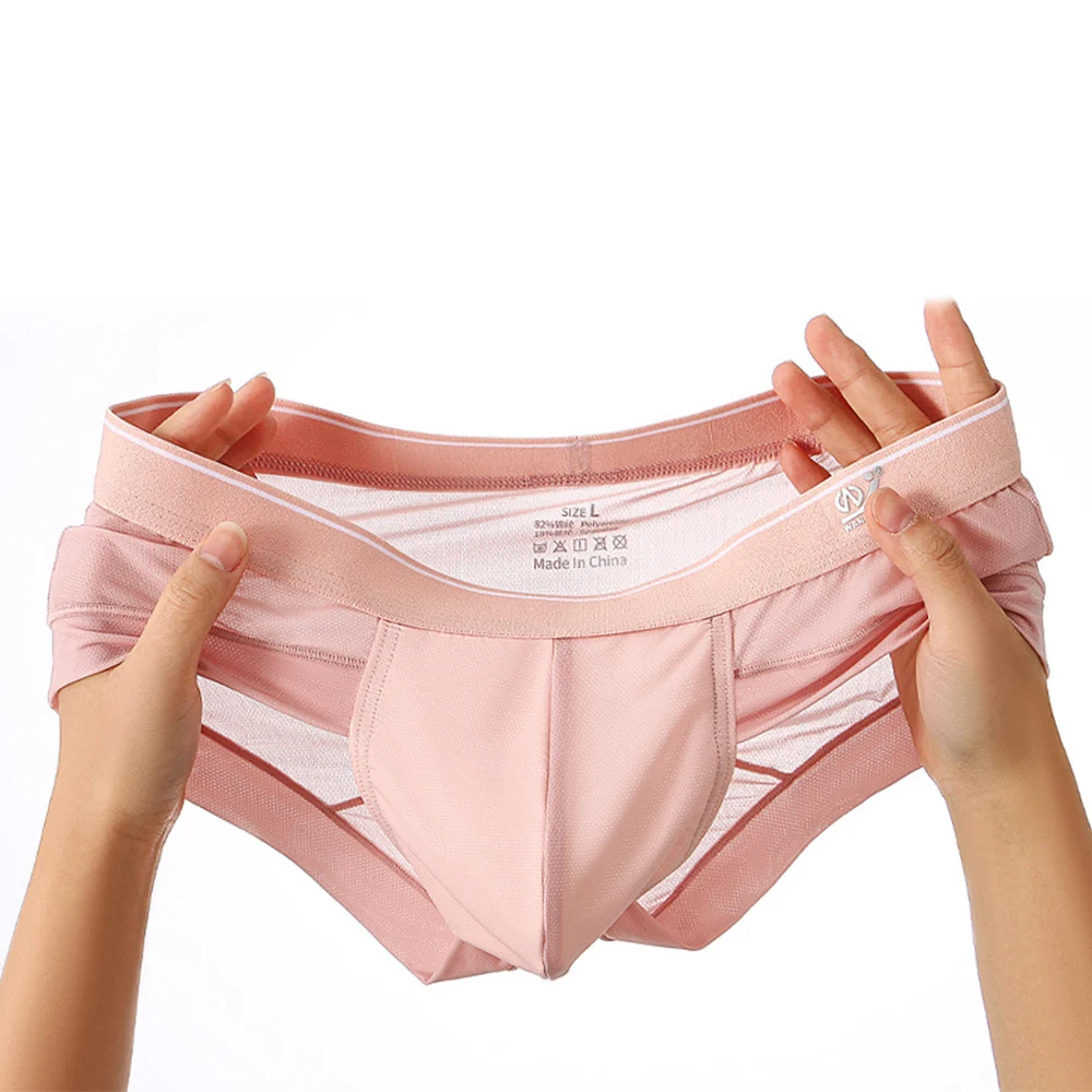 

Однотонные мужские брифы из ледяного шелка, летнее женское сексуальное нижнее белье со средней талией, U-выпуклые трусы с карманом, стринги