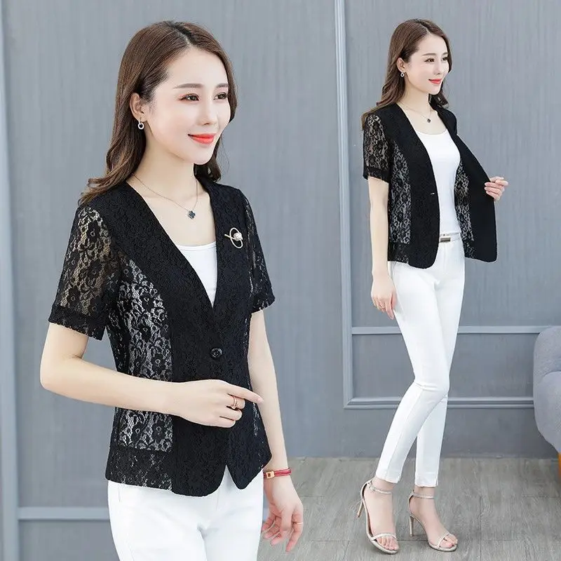 

Black Lace Suit Jacket Female Spring Summer Blazer Elegant Single Button Office Lady Work Wear Short Coats Women Clothing E151