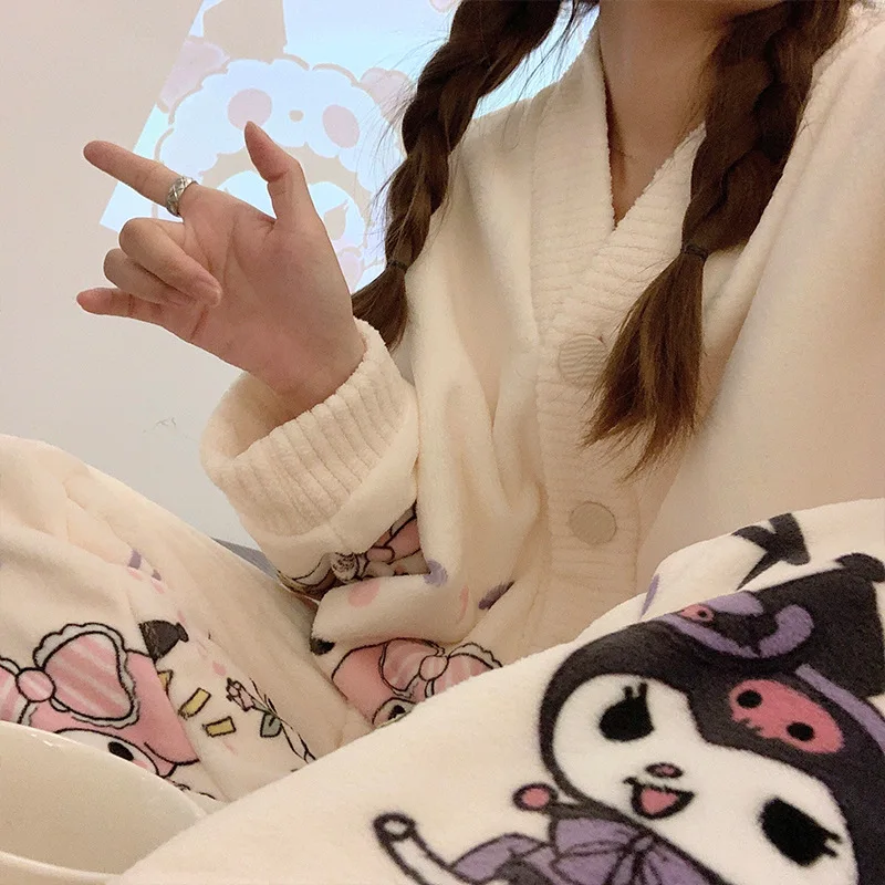 Women's Sweet Winter Flannel Warm V-Neck Cardigan Home Suit Cartoon Sleepwear Coral Fleece Thicken Tops Pants Soft Pajamas Sets