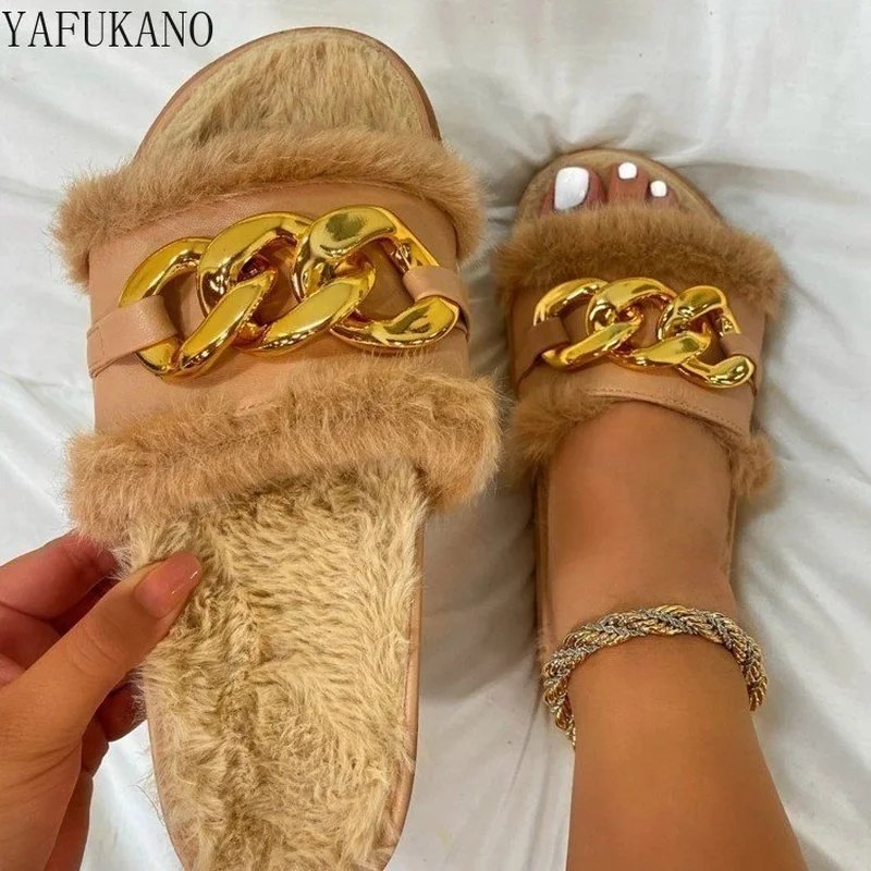 

Summer Plush Slippers Fashion Open Toe Solid Color Women's Sandals Metal Chain Outdoor Casual Women's Shoes Plus Size