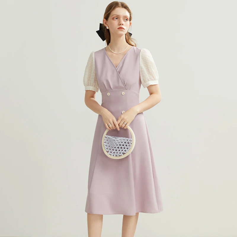 

Vintage Dresses Women 2023 New French Lace Patchwork V-neck Short Sleeves Summer Dress High Waisted A-LINE Clothing YCMYUNYAN