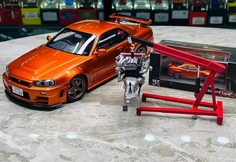Фото MH 1:18 gtr r34 Flame Orange Подарочная коробка Выставка ограниченная серия литая под давлением модель автомобиля из сплава, украшения для взрослых, игрушки для мальчиков №2