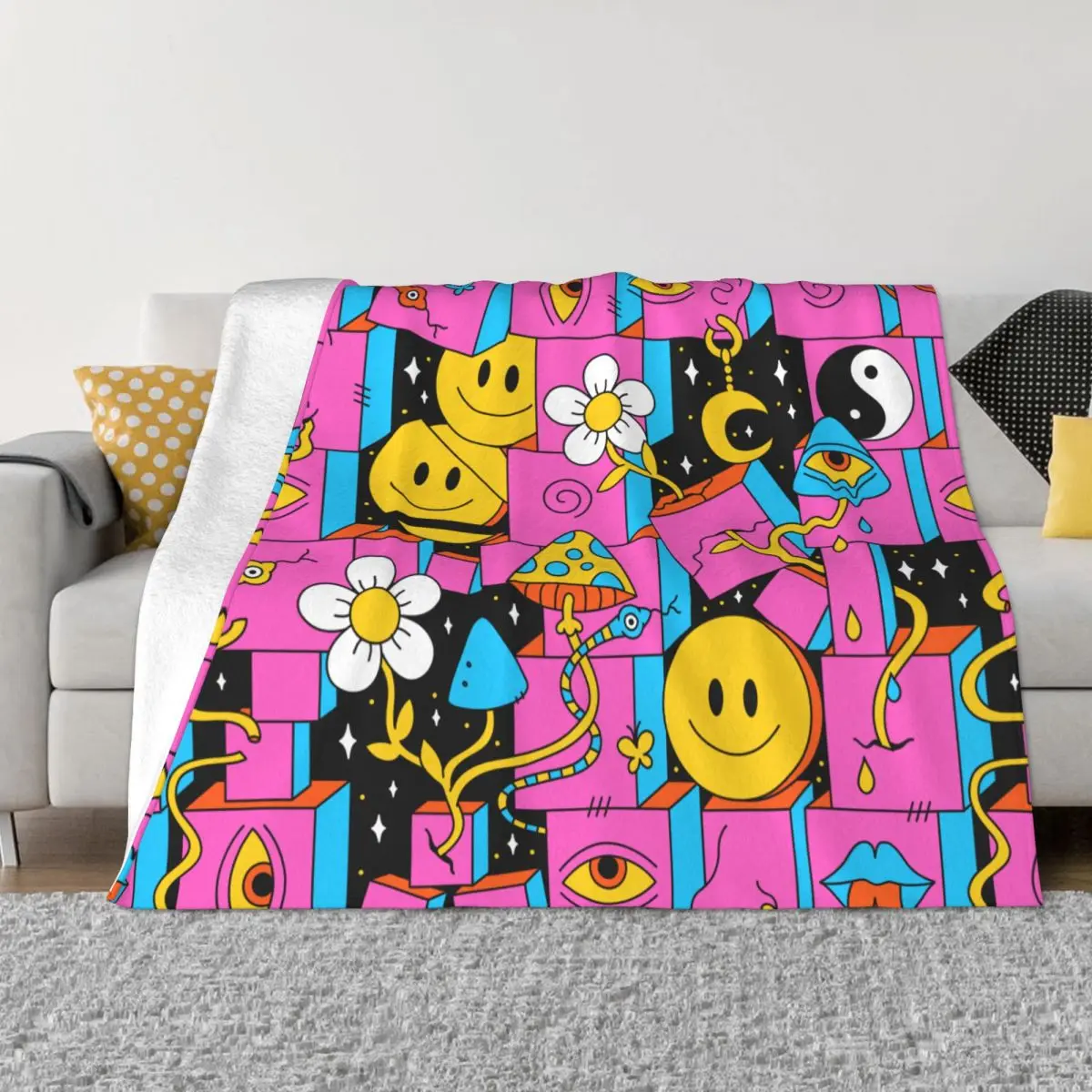 

Psychedelic Smiley Blankets Fleece Magic Mushrooms Super Warm Throw Blankets for Car Sofa Couch Bedspread