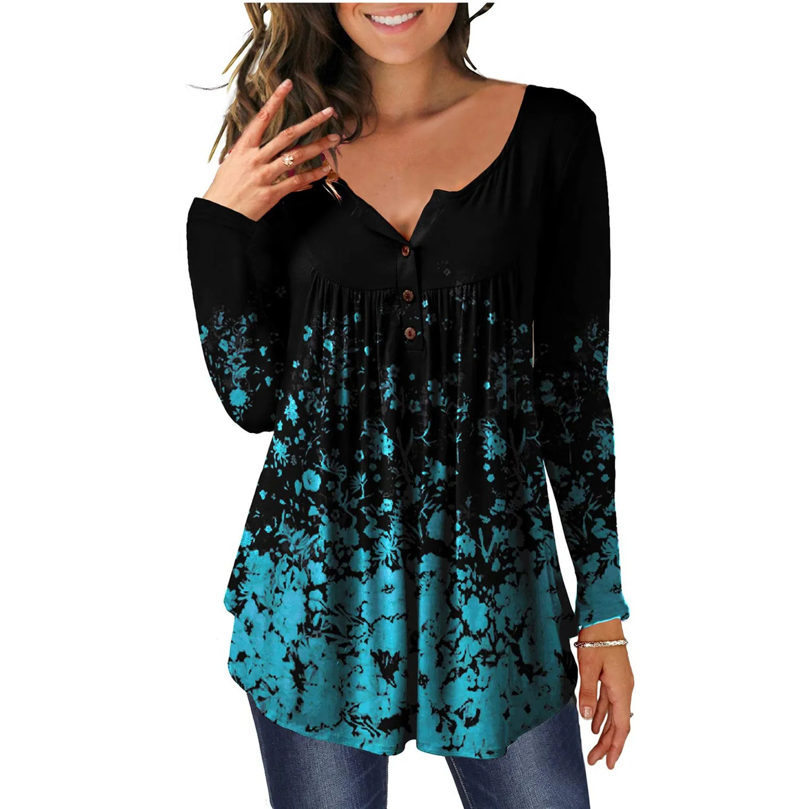 

Fashion Top Sleeve Womens Neck Asymmetric Round Buttons Printed Hem Long Underwear Shirt Women Tops Women Business Casual