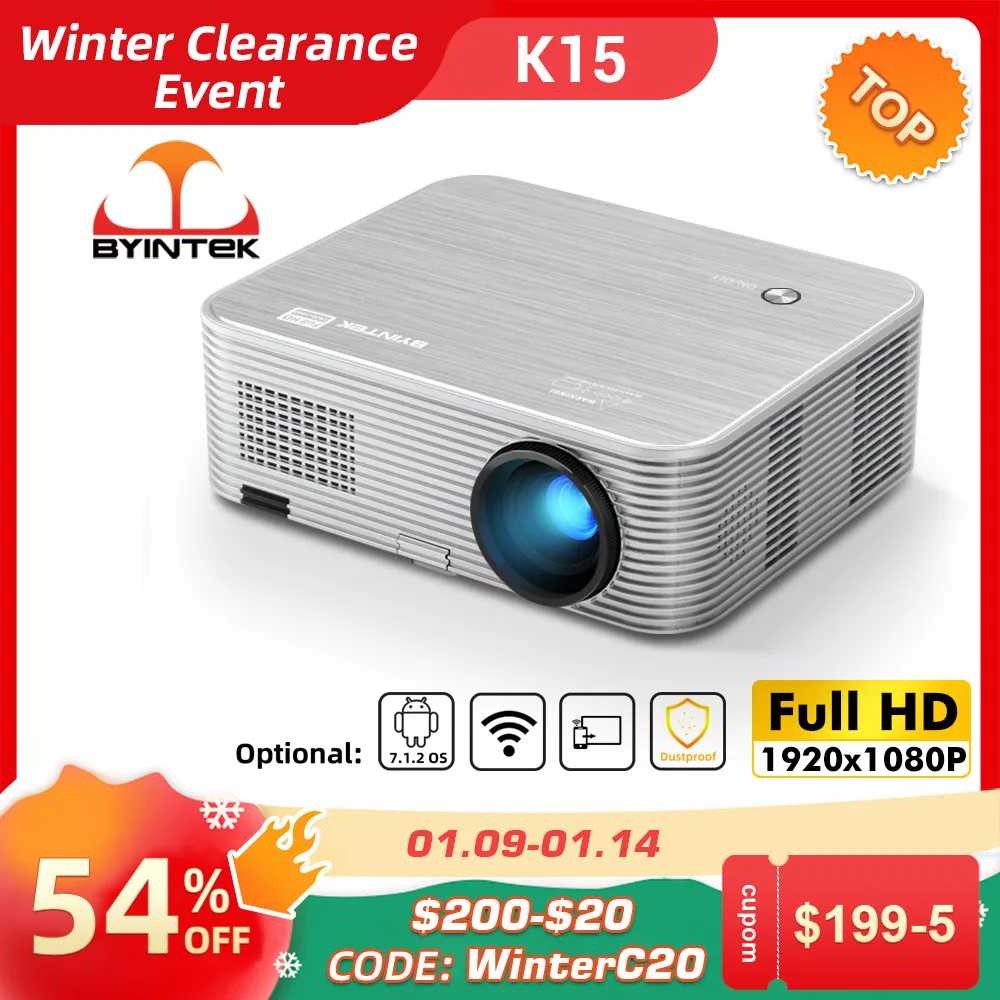 Видеопроектор BYINTEK K15 Full HD 1080P Android Wi-Fi светодиодный 1920x108 0 ЖК-видео проектор для