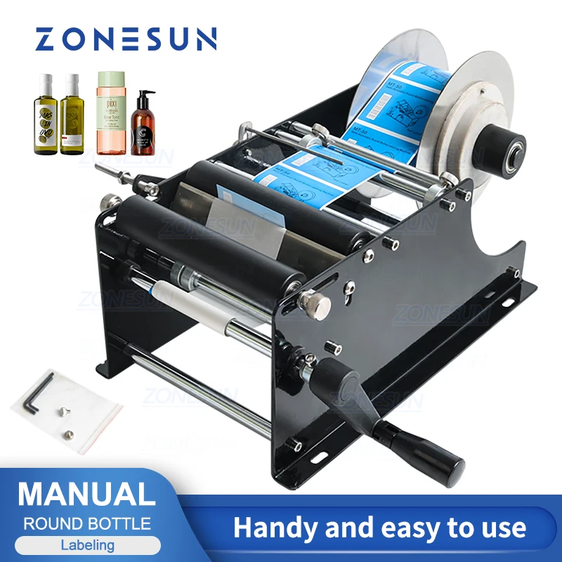 ZONESUN Manual Round Bottle Label Stick Machine Wine Beer Jar Tube Adhesive Sticker Labeler Packing Labeling Machine ZS-50