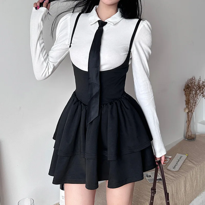 

2023 Spring Academy Style Polo Neck Tie Short Shirt Careful Machine Waist Slim Slim Slim Hanging Cake Dress Set