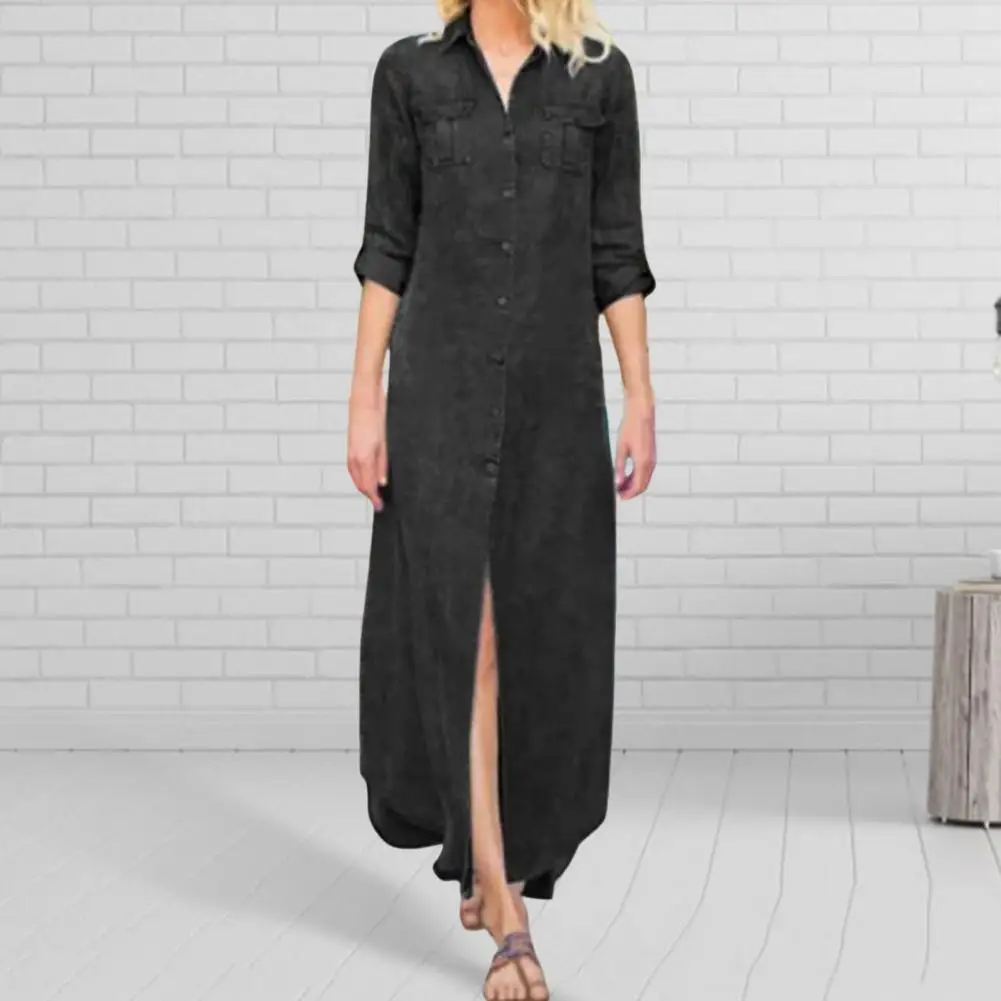 Женское джинсовое платье-рубашка однотонное длинное с отложным воротником