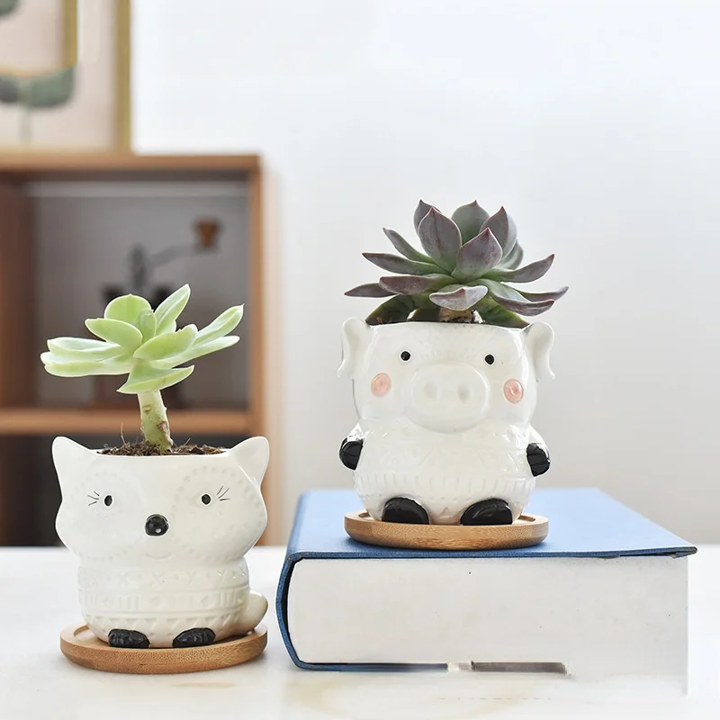 

Succulent Flower Pot Cartoon Nordic Gardening Lovely Cat Combination Ceramic Green Plant Flower Mini Potted Office Ornament