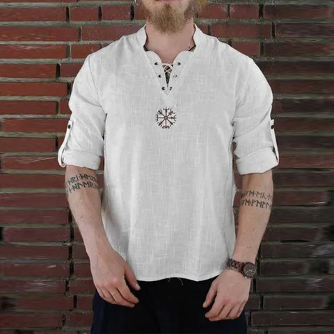 Модная льняная рубашка в средневековом стиле с пиратским принтом, Мужская футболка в скандинавском стиле, кружевная футболка для косплея, рубашки с вышивкой и стоячим воротником и длинными рукавами