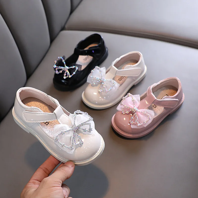 

Spring Autumn Girls Patent Leather Shoes Crystal Bow-knot Princess Sweet Cute Soft Comfortable Children Flats Kids Dress Shoes