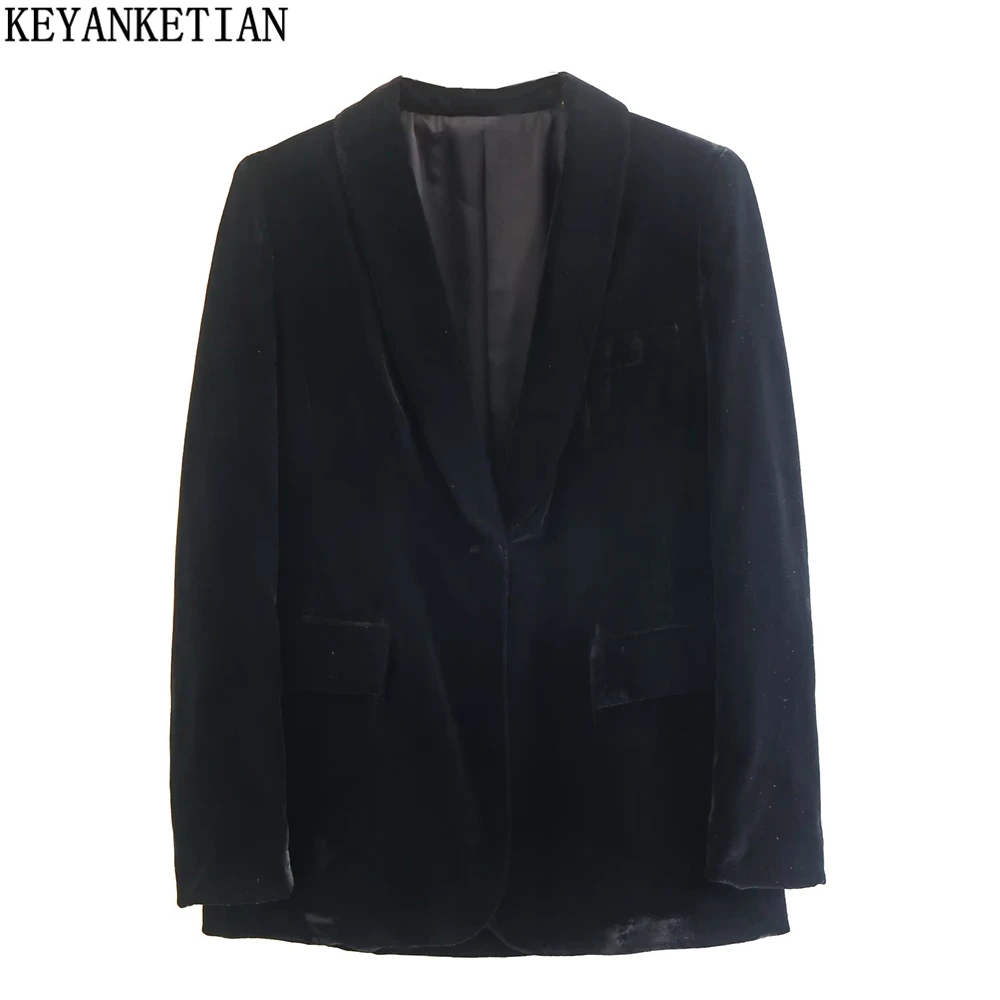 KEYANKETIAN Women's Velvet Blazer New winter commuter style flip pocket black short blazer with green fruit collar