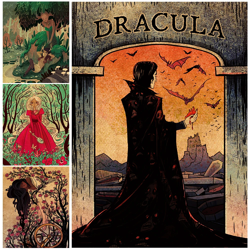 

Dracula Vampire And Spring Goddess Vintage Wall Art Canvas Painting Tree Elves iIn The Forest Retro Poster And Print Home Decor