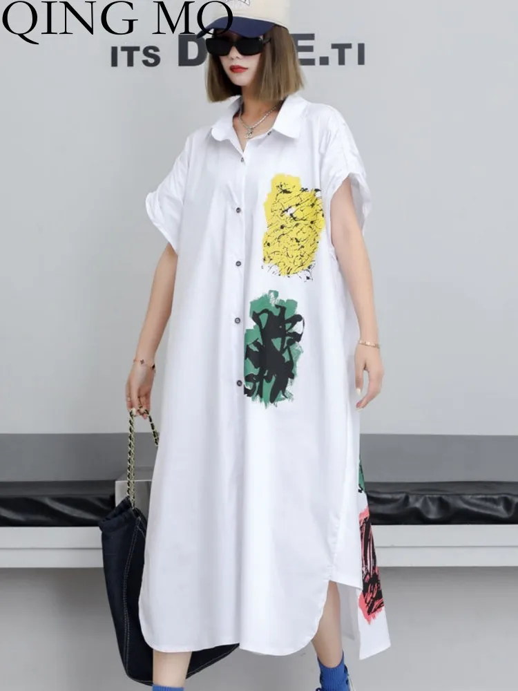 

QING MO 2023 Summer New Women Oversized Dress Irregular Shirt Dress Medium Length Short Sleeve Black White Red ZXF3220