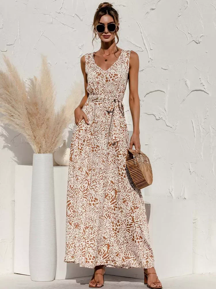 

New2022 Summer Boho Maxi Dress Women Elegant Party Dresses Ladies V Neck Floral Dress Sleeveless Black Pocket XXL