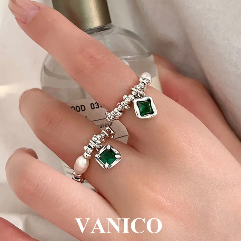 

Korean Elastic Rope Pearl Beaded Ring 925 Sterling Silver Simple Green Crystal Charm Irregular Beads Adjustable Rings for Women