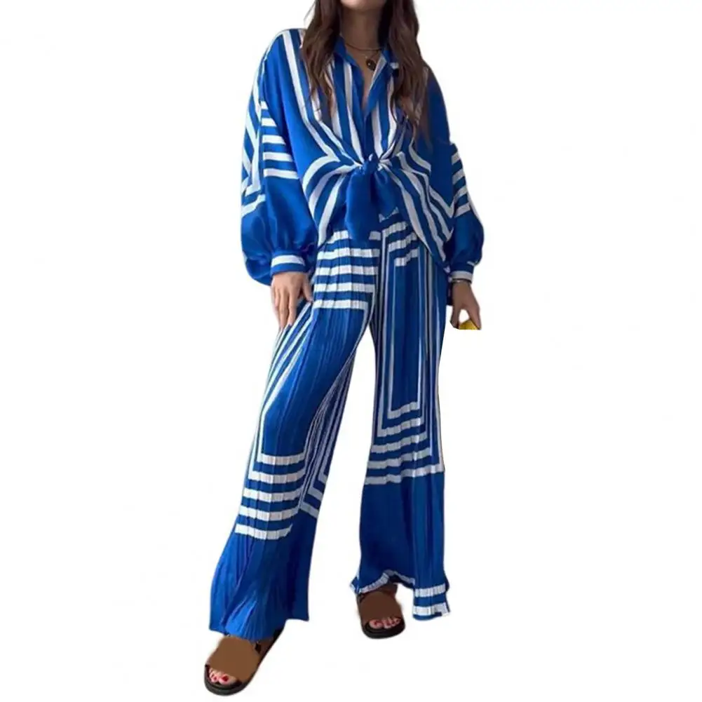 

2Pcs/Set Women Outfit Pants Shirt Stripe Print Pleated Casual Lantern Lace-up Shirt High Waist Wide Leg Long Pants Set