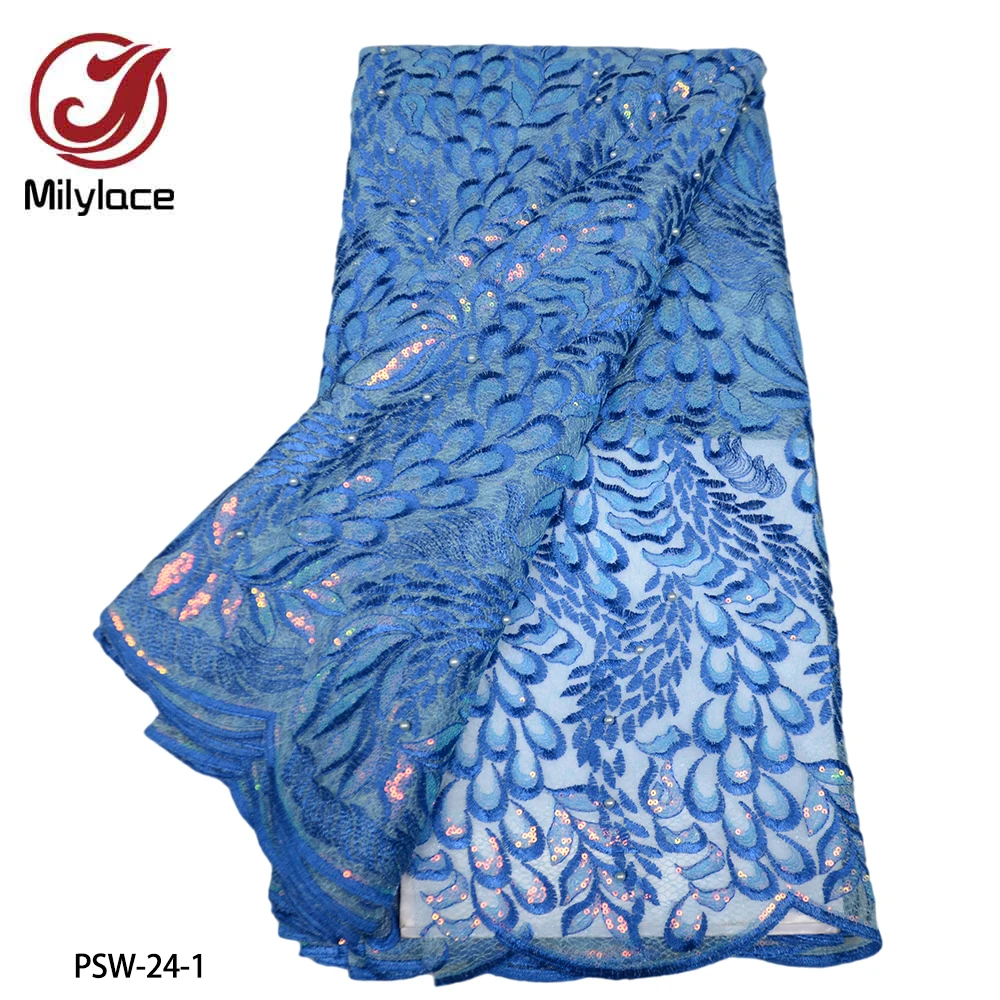 

New French Lace Fabric Mesh Embroidery with Shining Sequins Lace for Wedding Gown Lace Fabric Dress Fabric PSW-24