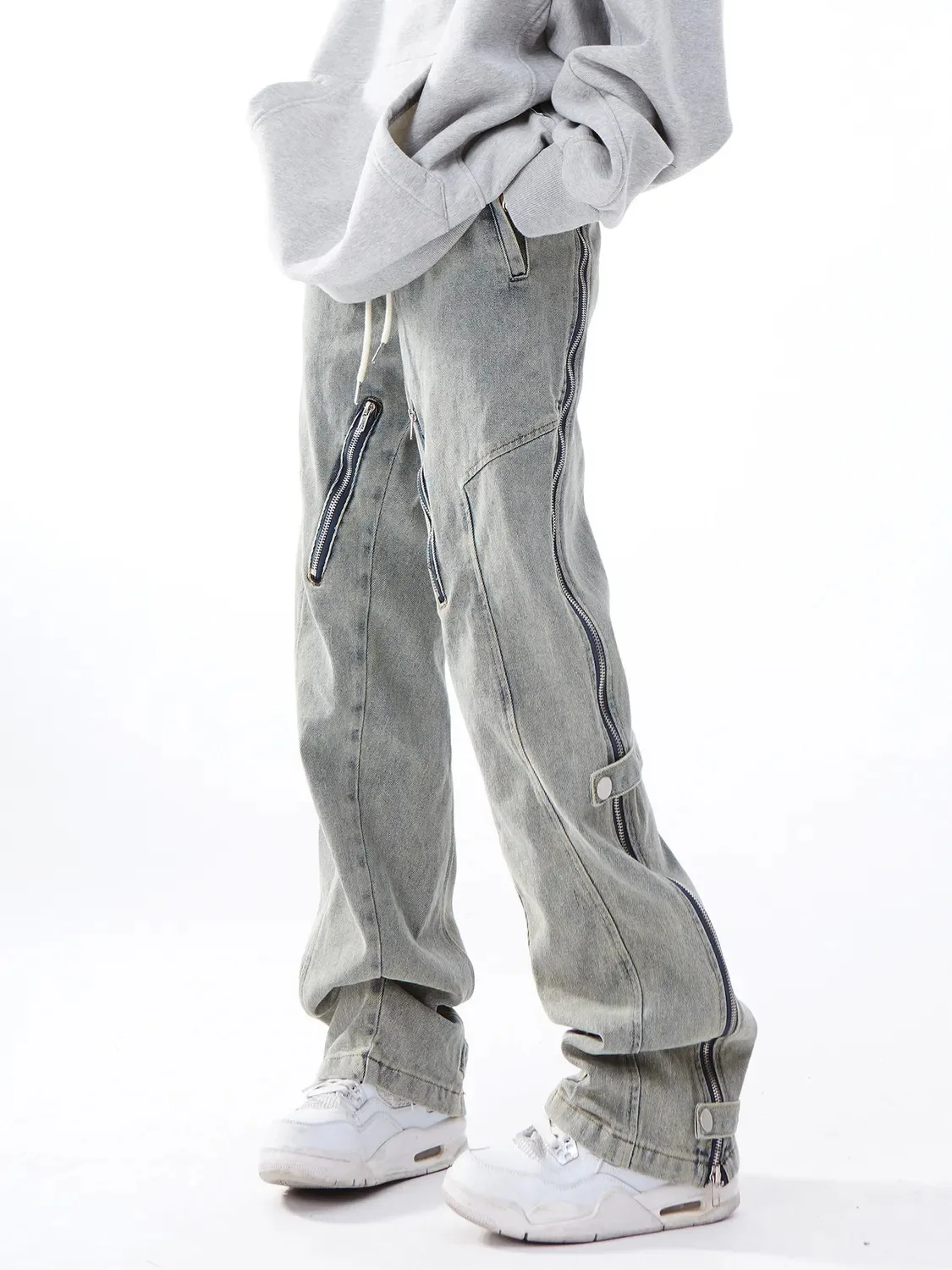 

American style distressed side zippered jeans for women with loose fit and slim wide legs