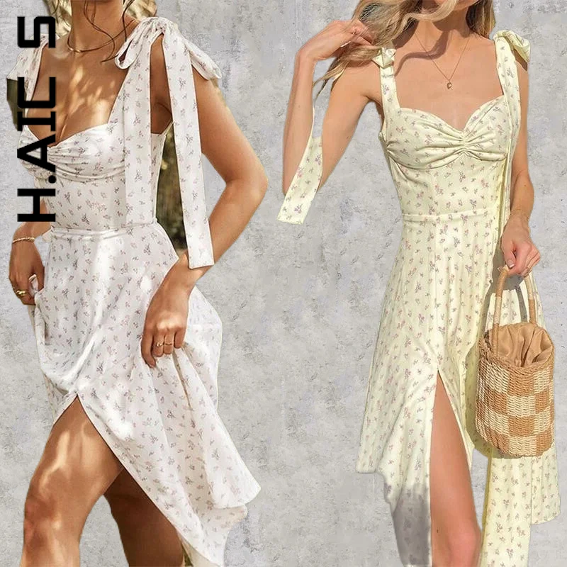 

Женское плиссированное платье с цветочным рисунком, разрезом и открытой спиной