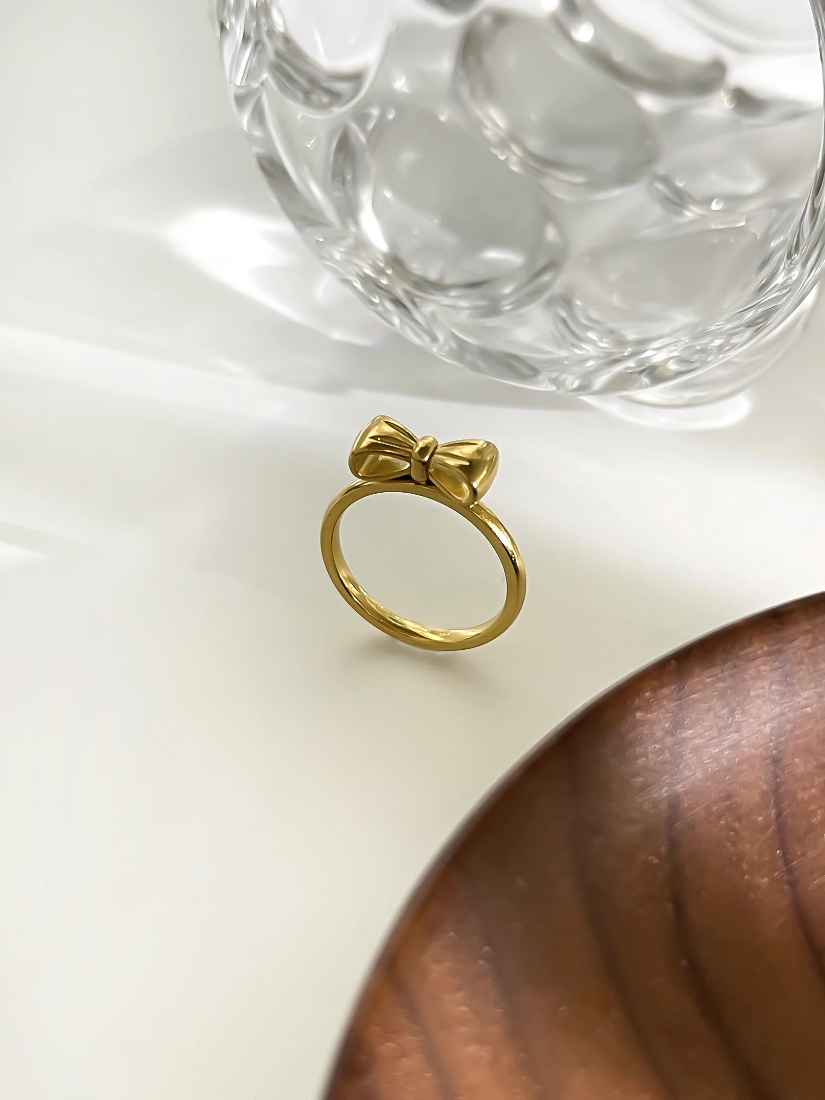 Фото GHIDBK простая мода нержавеющая сталь 18K Золото PVD покрытые бантом кольца для женщин девушек нежный очаровательный бант обручальное кольцо №4