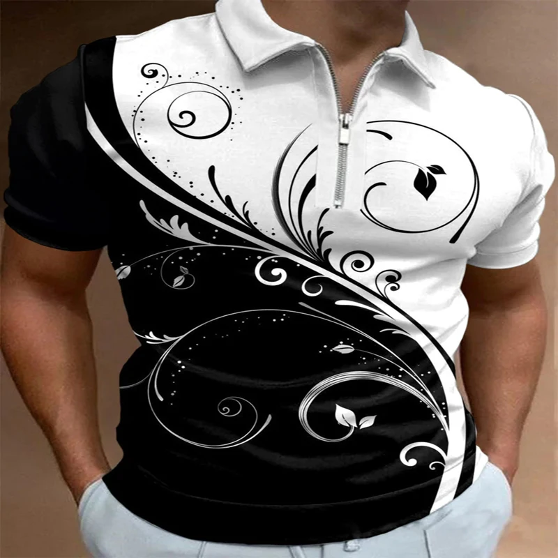 

Color Matching Floral 3D Print Polo Zipper Short Sleeve Shirt for Men