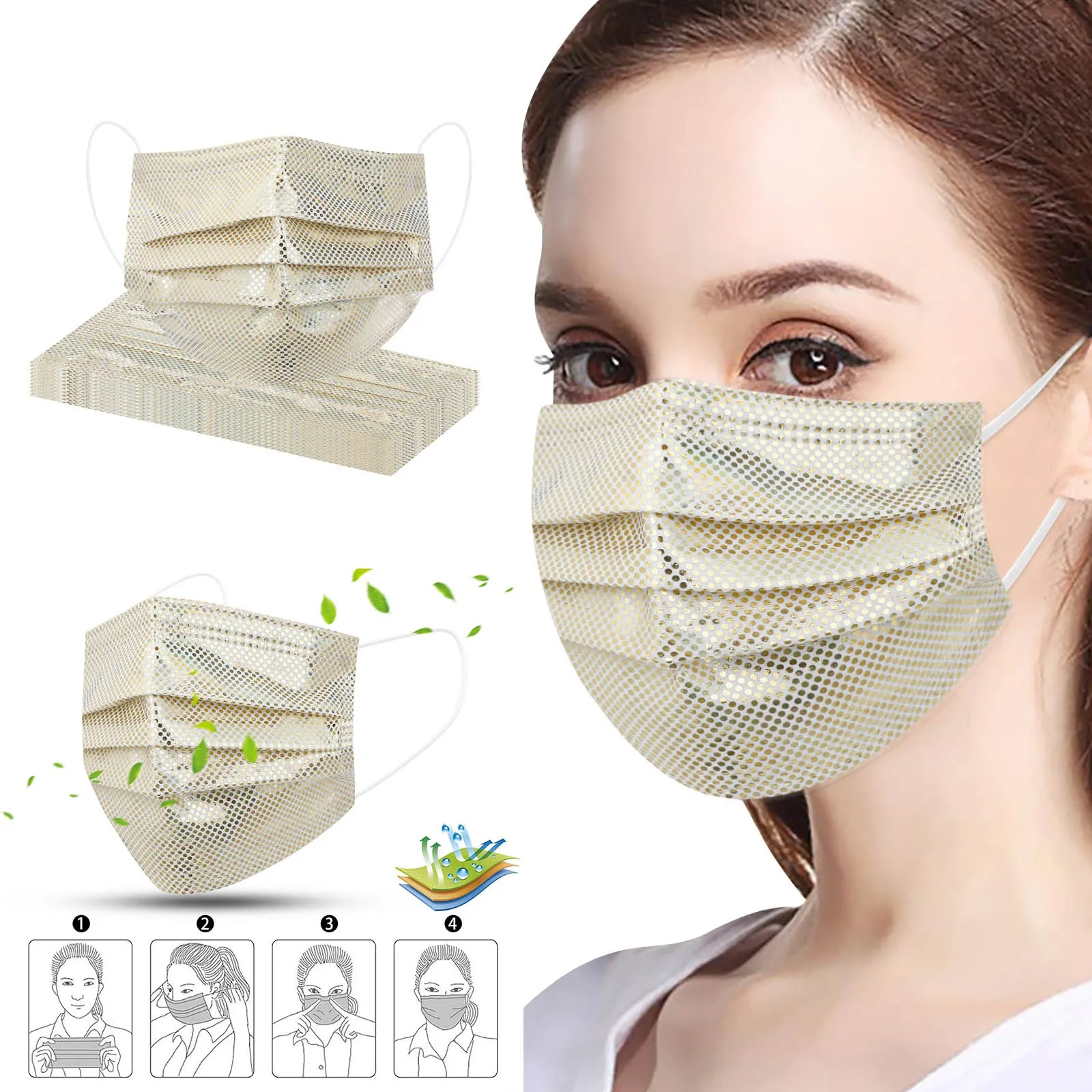 

10pc Adult Bronzing Laser Reflective Protective Disposable Masks Protec 3ply Mask Dustproof Filter Pm2.5 Mask Earloop Bandage