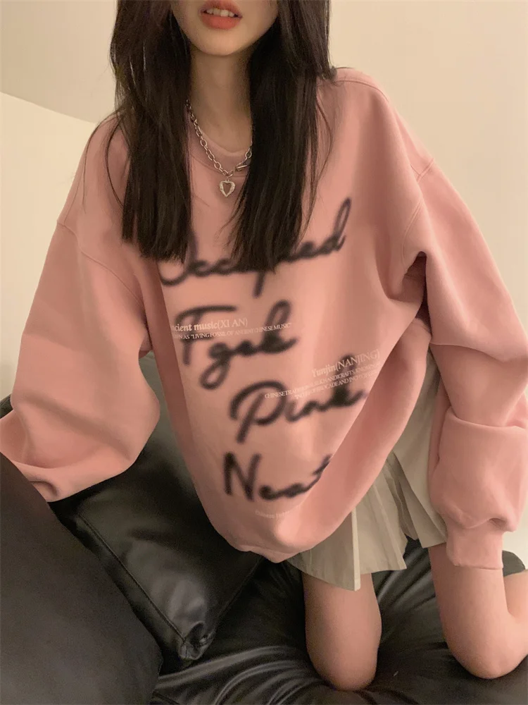

Chic Sweet Y2k Pink Hoodie Women O-neck Loose Letter Printed Tops Pullover Autumn Winter Korean Fashion Casual Sweatshirt Female