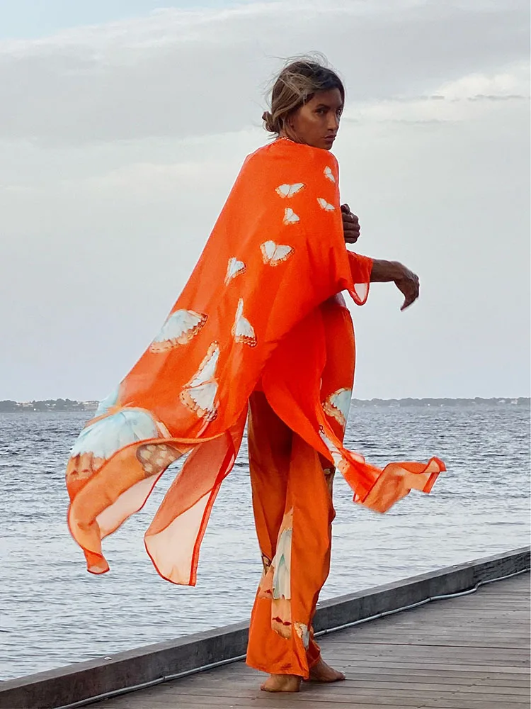

Cover-ups Beach Kimono Orange Chiffon Boho Style Tunic for Beach Pareos Swimsuit Cover Up Kaftan Dress Over Size Beachwear