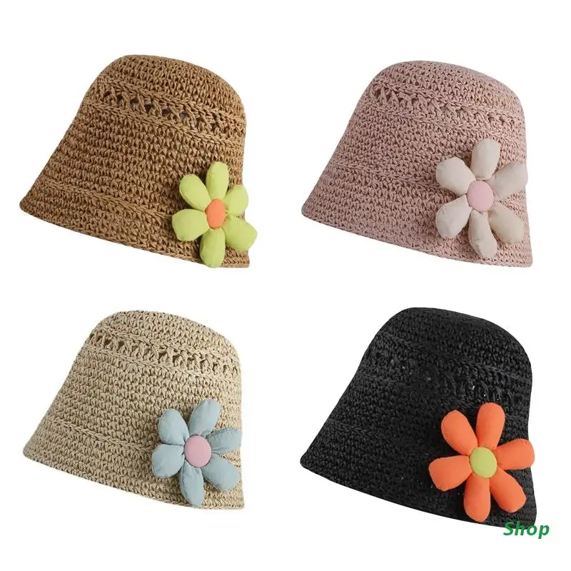

L5YC соломенные пляжные шляпы для женщин, мягкие солнцезащитные пляжные складные шляпы, летние солнцезащитные шляпы с цветами, милая Рыбацка...